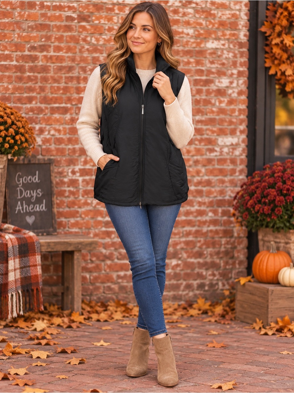Vintage Blue Mountain Black Sleeveless Zip-Up Tailored Quilted Vest